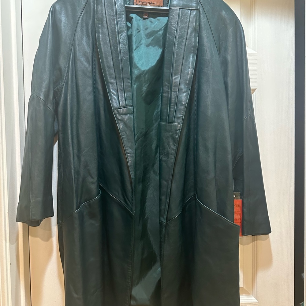 VTG 80’s Cayenne Genuine Leather Green Women’s Swing Coat Open Front Sz S New
